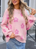 Flower Round Neck Dropped Shoulder Sweater - Trendsi - Flyclothing LLC