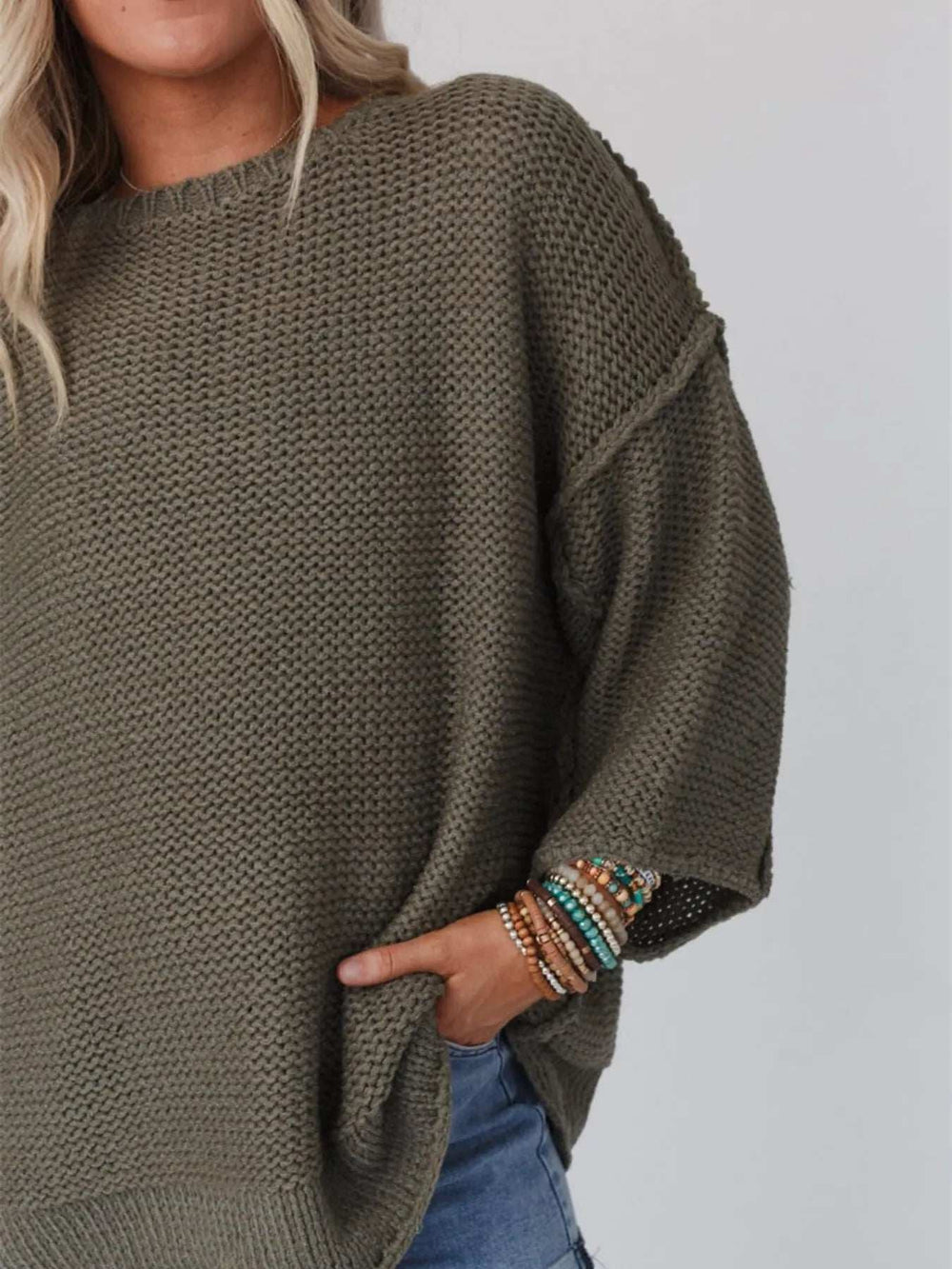 Round Neck Oversized Knit Top with Relaxed Fit - Trendsi - Flyclothing LLC