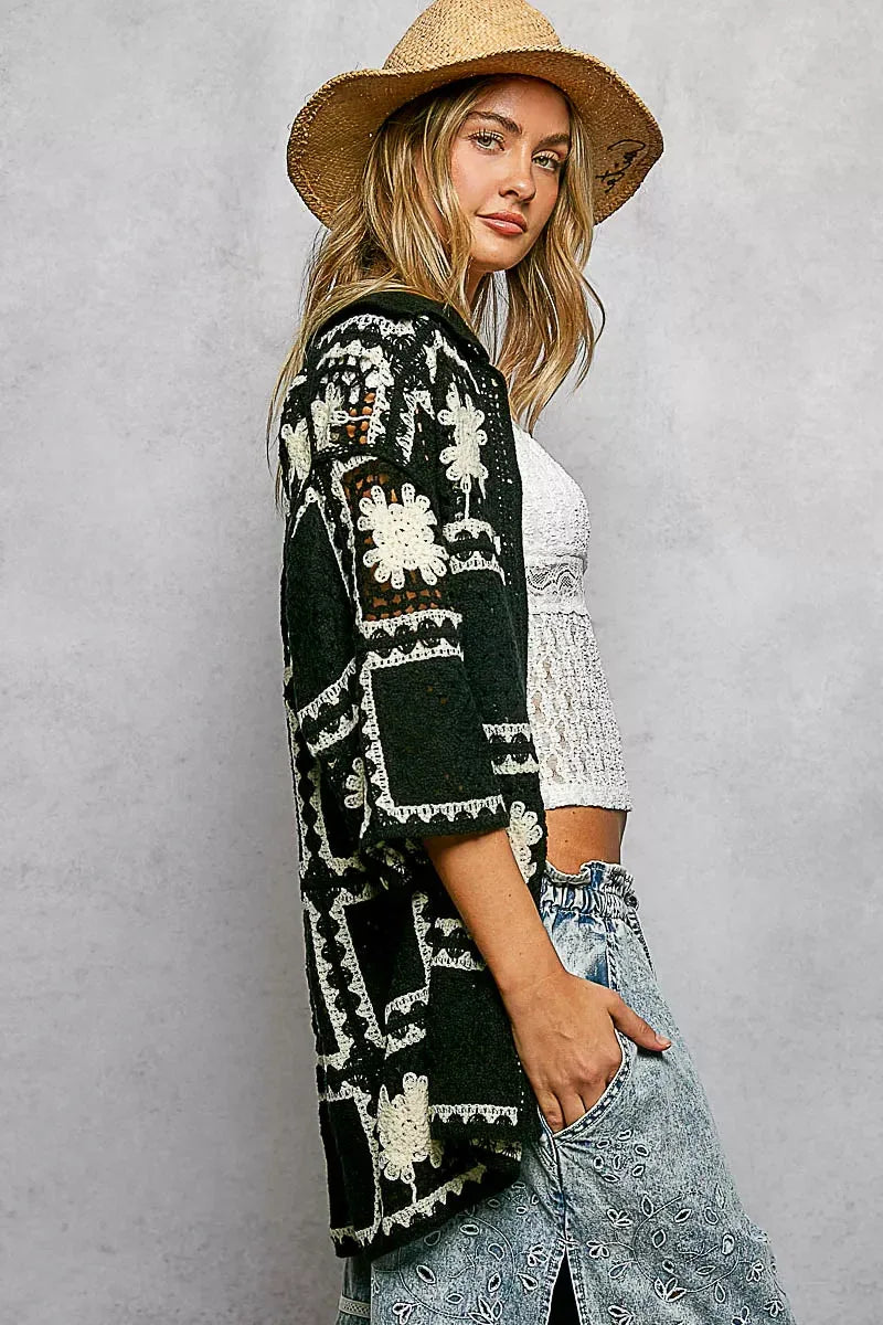 POL Button Down Openwork Floral Crochet Shirt with Granny Square Pattern - Trendsi - Flyclothing LLC