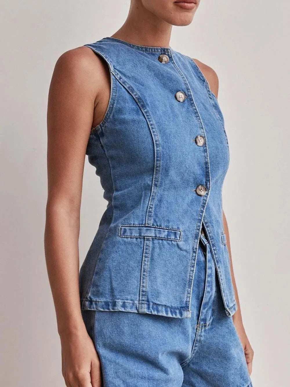 Button Down Denim Vest - Trendsi - Flyclothing LLC