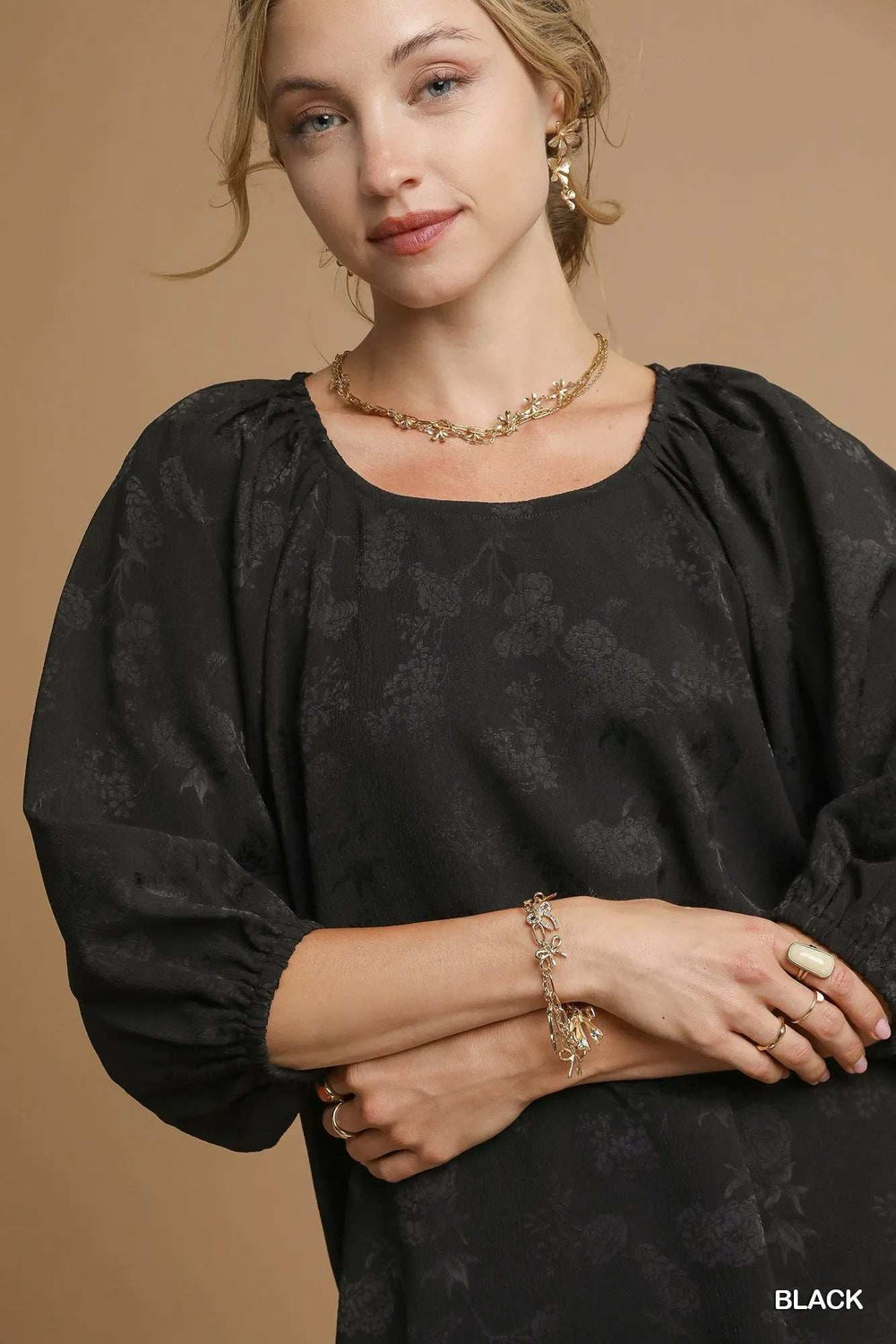 Umgee Satin Jacquard Balloon Sleeve Blouse - Trendsi - Flyclothing LLC