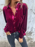 Full Size Velvet Button-Up Long Sleeve Shirt Plus Size - Trendsi - Flyclothing LLC
