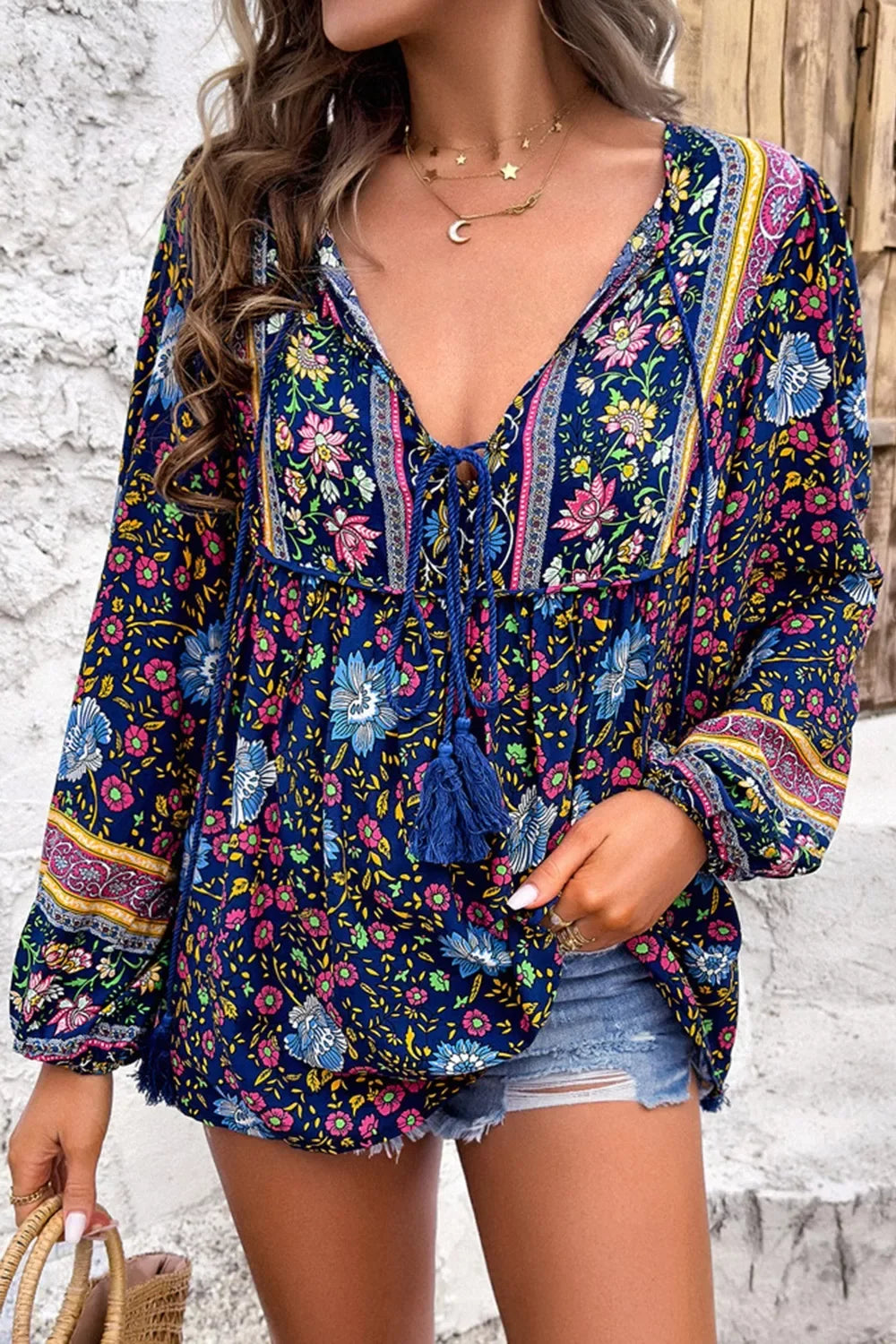 Floral Print Tie Neck Blouse - Trendsi - Flyclothing LLC