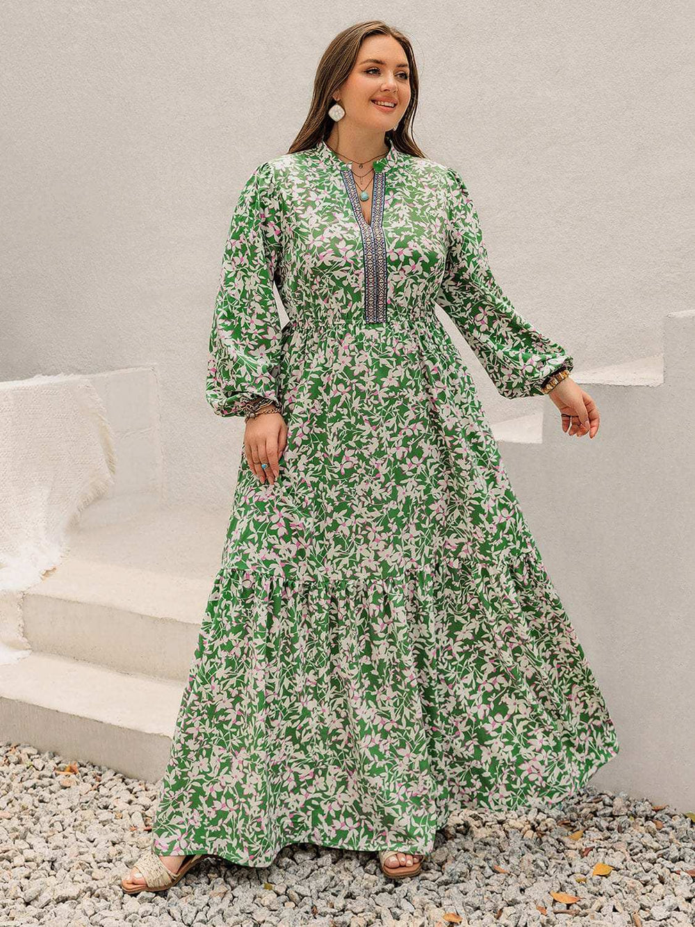 Plus Size Printed Notched Long Sleeve Maxi Dress - Trendsi - Flyclothing LLC