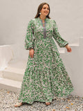 Plus Size Printed Notched Long Sleeve Maxi Dress - Trendsi - Flyclothing LLC