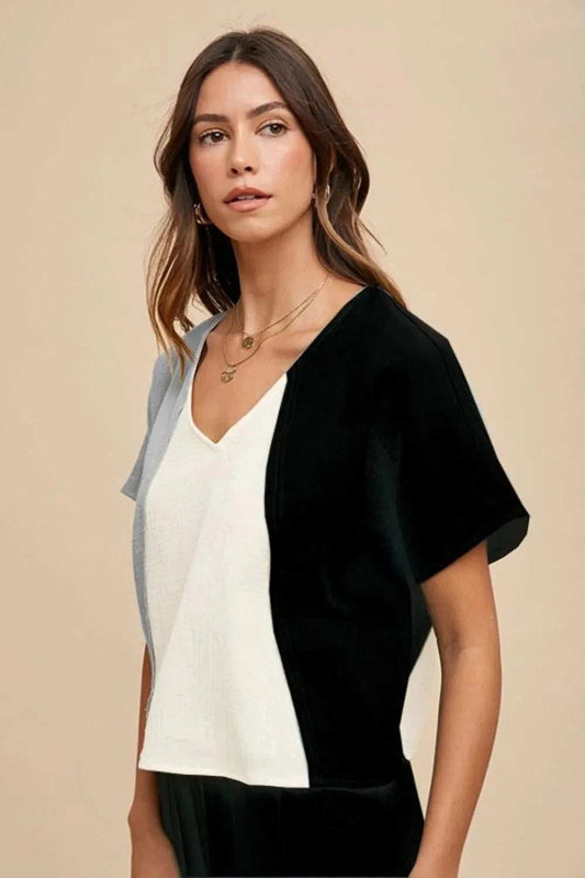 Annie Wear Color Block Cotton Gauze V-Neck Top - Trendsi - Flyclothing LLC