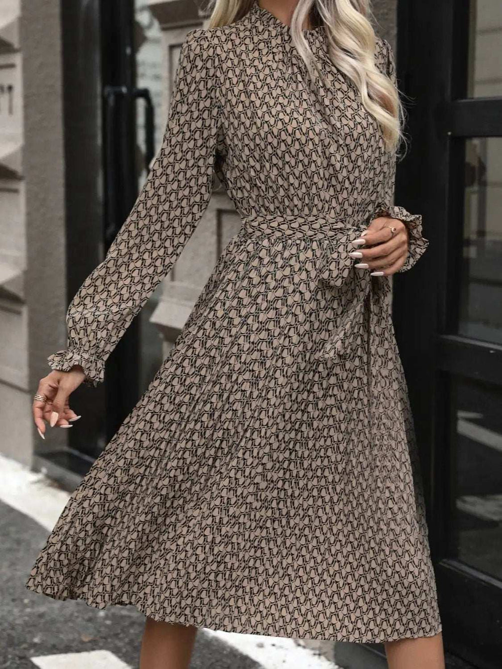 Perfee Printed Mock Neck Flounce Sleeve Dress - Trendsi - Flyclothing LLC