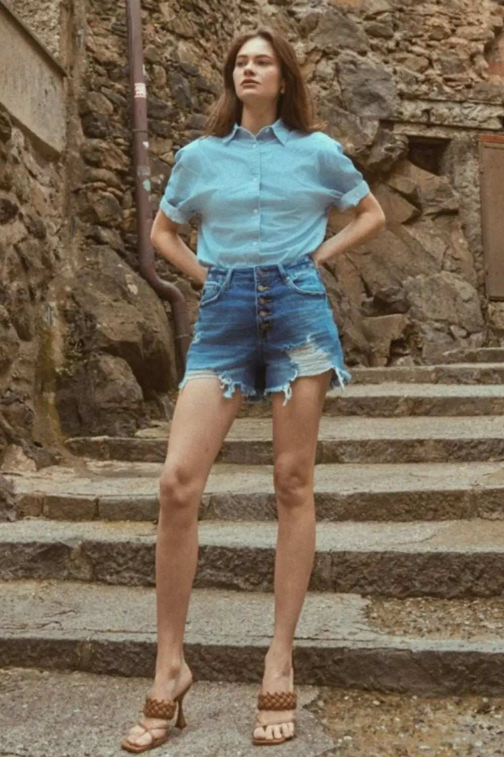 Kancan Distressed Button-Fly High Waist Denim Shorts - Trendsi - Flyclothing LLC