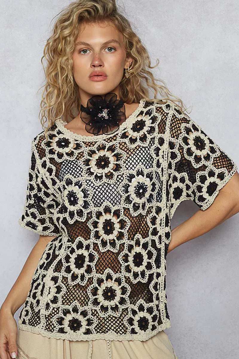 POL Openwork Short Sleeve Crochet Knit Top with Weave Knit Patterns - Trendsi - Flyclothing LLC