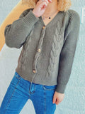 Cable-Knit V-Neck Button Down Long Sleeve Cardigan - Trendsi - Flyclothing LLC