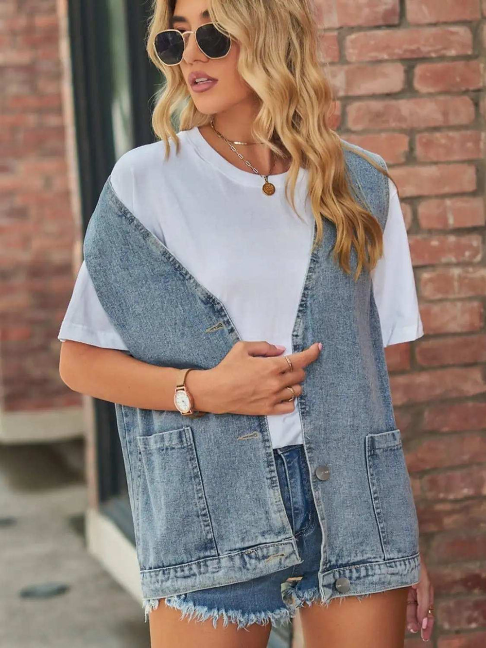 Full Size V-Neck Button Up Denim Vest - Trendsi - Flyclothing LLC