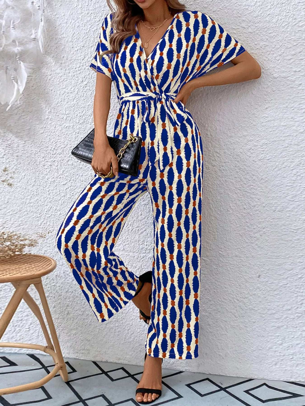 Printed Surplice Tie Waist Short Sleeve Jumpsuit - Trendsi - Flyclothing LLC