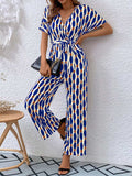 Printed Surplice Tie Waist Short Sleeve Jumpsuit - Trendsi - Flyclothing LLC