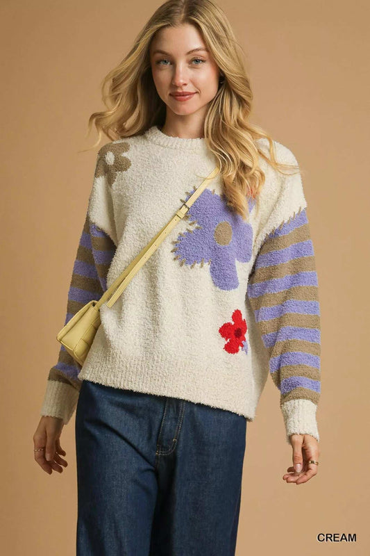 Umgee Flower Jacquard Striped Long Sleeve Sweater - Trendsi - Flyclothing LLC