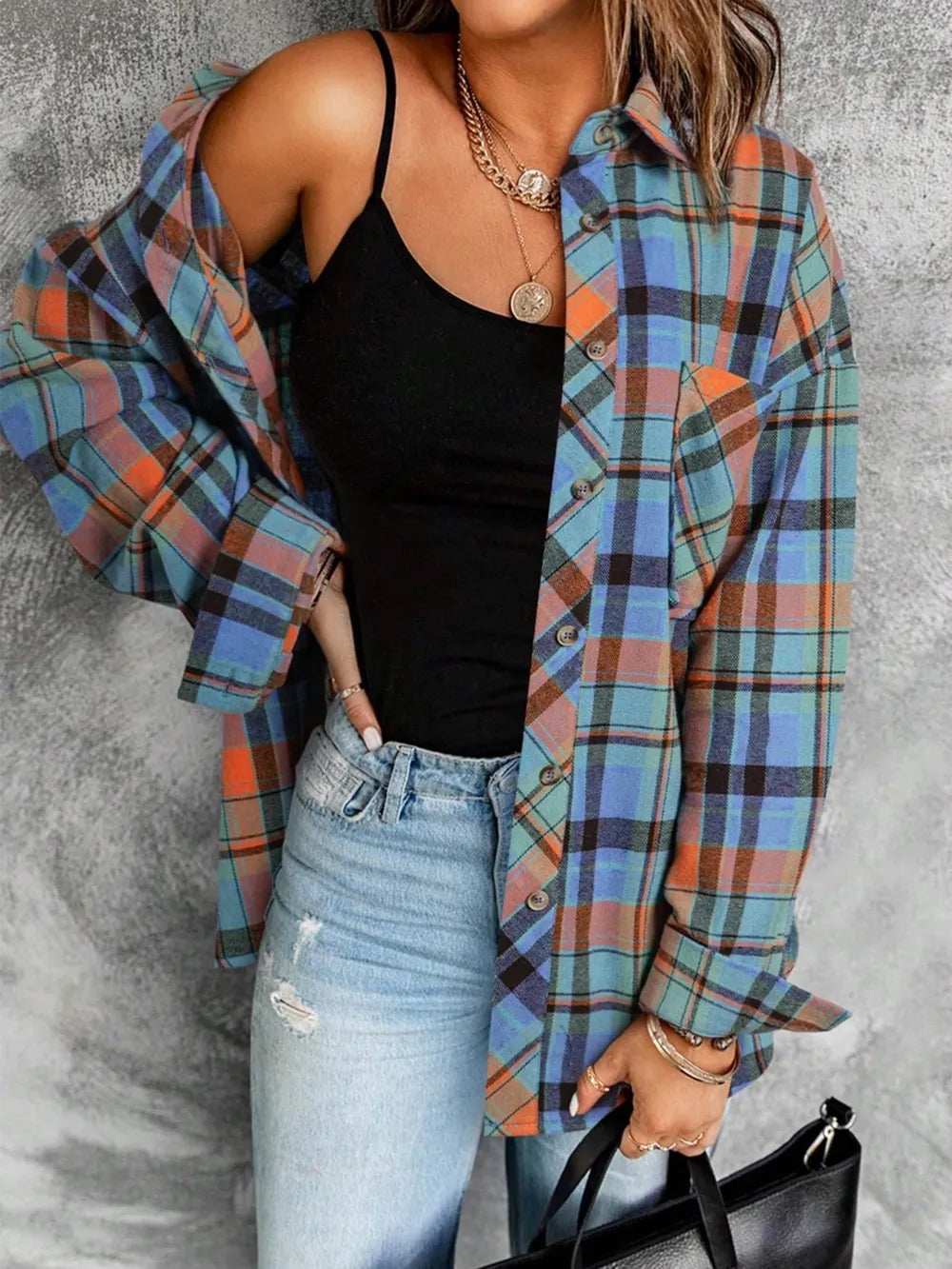 Plaid Collared Neck Long Sleeve Shirt - Trendsi - Flyclothing LLC