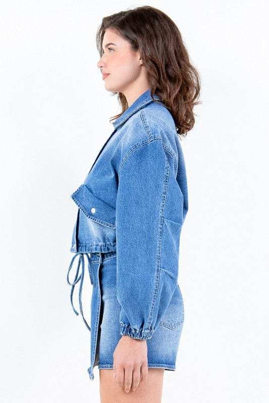 American Bazi Full Size Drop Shoulder Cropped Denim Jacket with Waist Strap Plus Size - Trendsi - Flyclothing LLC