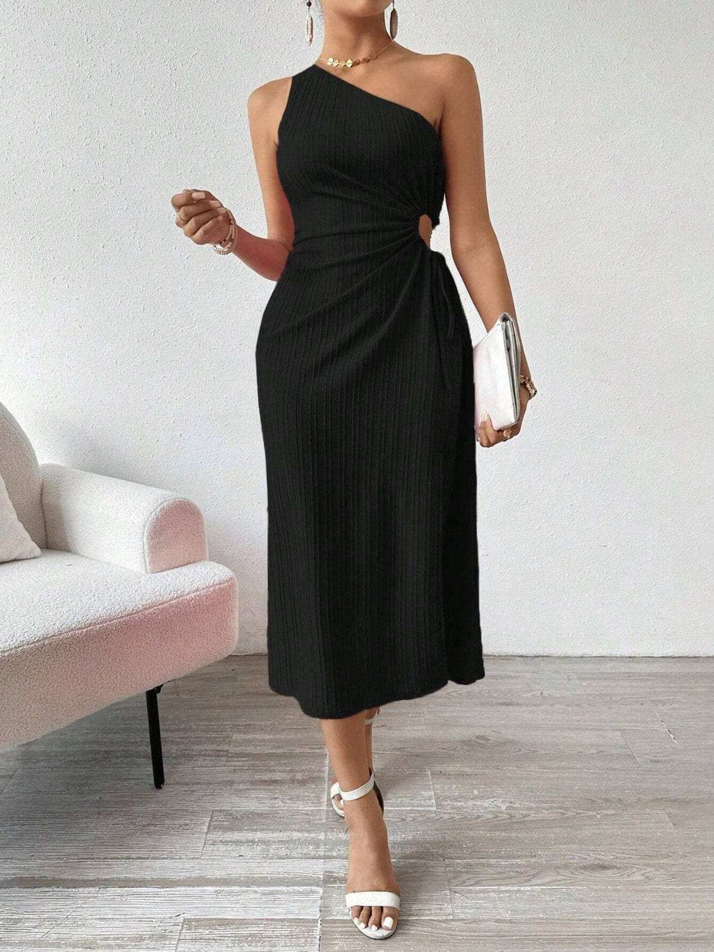 Side Slit Cutout Single Shoulder Dress - Trendsi - Flyclothing LLC