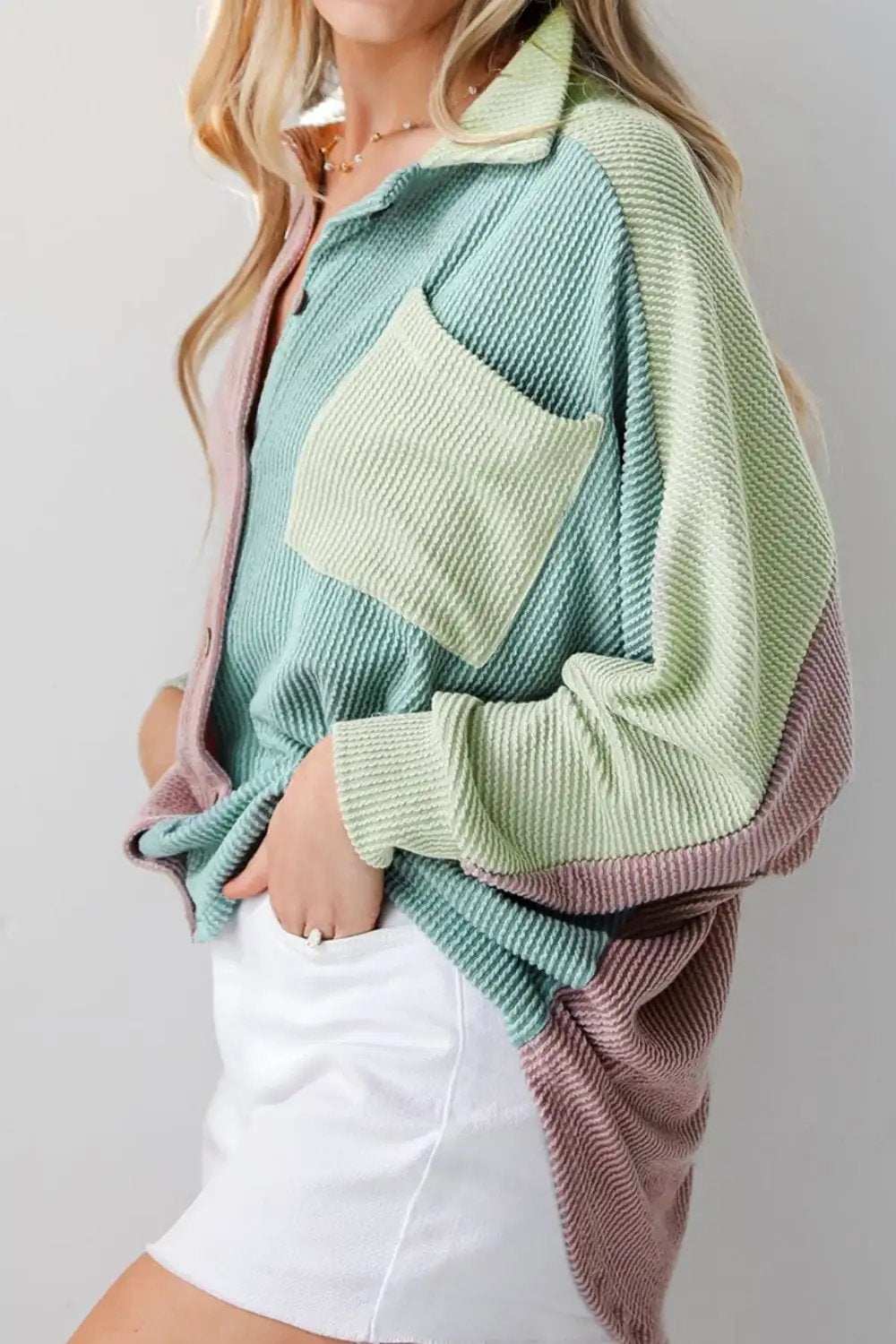 Color Block Corded Button Up Shacket - Trendsi - Flyclothing LLC