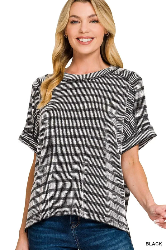 Zenana Raised Rib Striped Exposed Seam Top - Trendsi - Flyclothing LLC