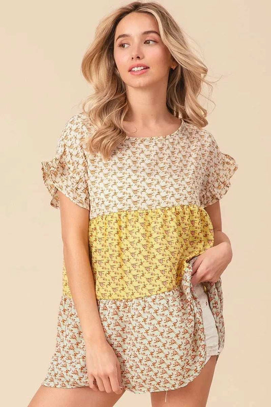 BiBi Flroal Printed Woven Color Block and Tiered Top - Trendsi - Flyclothing LLC