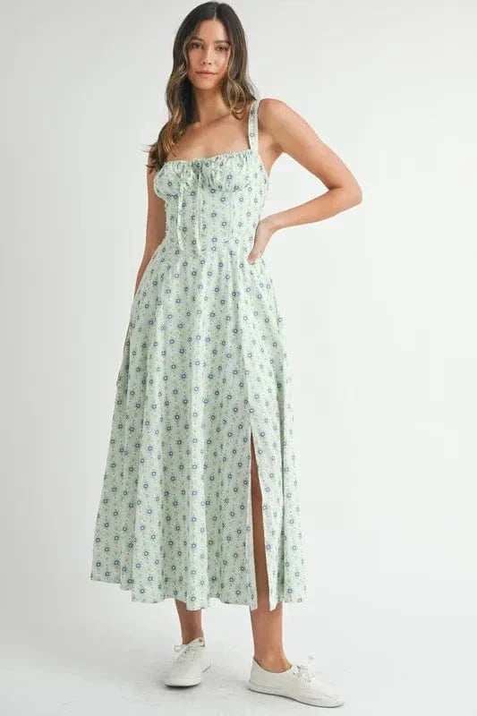 MABLE Floral Print Bustier Back Lace Up Midi Dress - Trendsi - Flyclothing LLC
