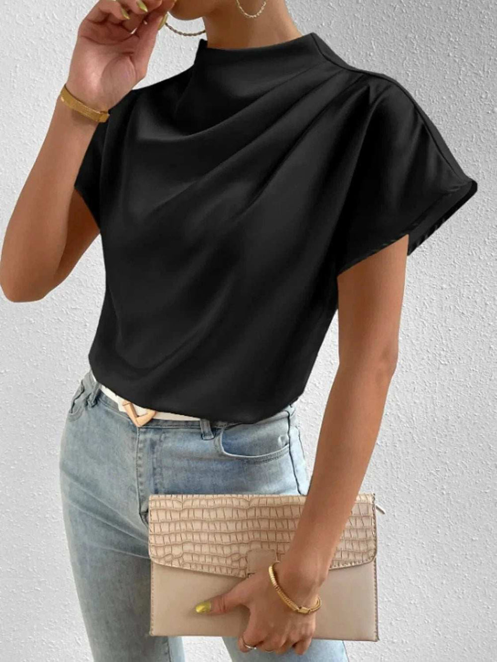 Mock Neck Short Sleeve Blouse - Trendsi - Flyclothing LLC
