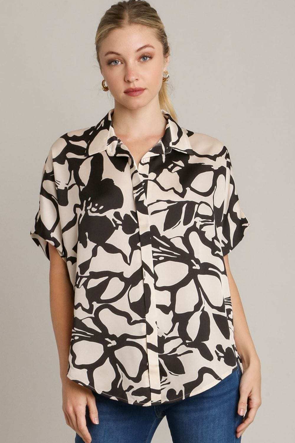 Umgee Full Size Two Tone Print Button Down Top with Hidden Plackets Plus Size - Trendsi - Flyclothing LLC