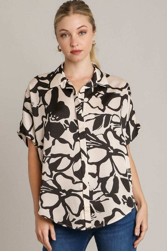 Umgee Full Size Two Tone Print Button Down Top with Hidden Plackets Plus Size - Trendsi - Flyclothing LLC