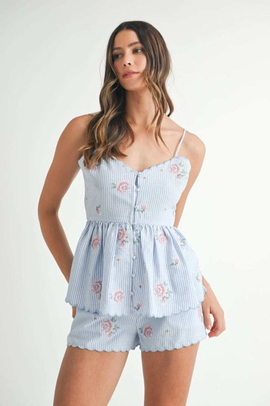 MABLE Stripe Embroidered Peplum Cami and Shorts Set - Trendsi - Flyclothing LLC
