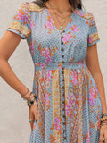 Smocked Floral V-Neck Short Sleeve Midi Dress - Trendsi - Flyclothing LLC