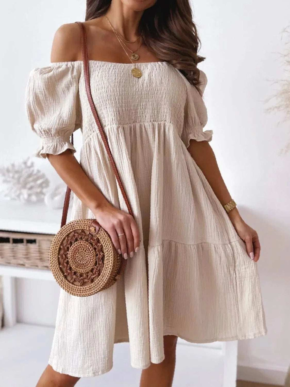 Smocked Off-Shoulder Mini Dress - Trendsi - Flyclothing LLC