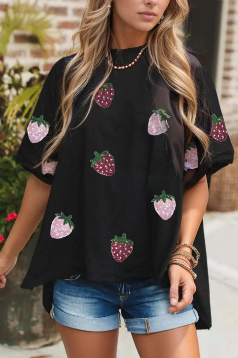 Sequin Strawberry High Low Half Sleeve Relaxed Fit T-Shirt - Trendsi - Flyclothing LLC