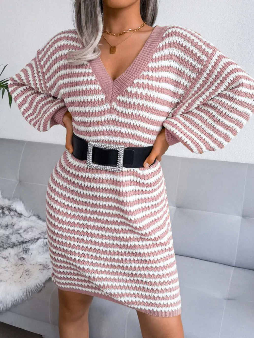 Striped V-Neck Long Sleeve Sweater Dress - Trendsi - Flyclothing LLC
