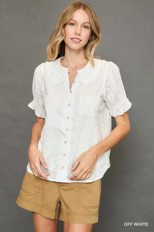 Umgee Peter Pan Collared Button Down Textured Shirt with Ruffled Detail - Trendsi - Flyclothing LLC