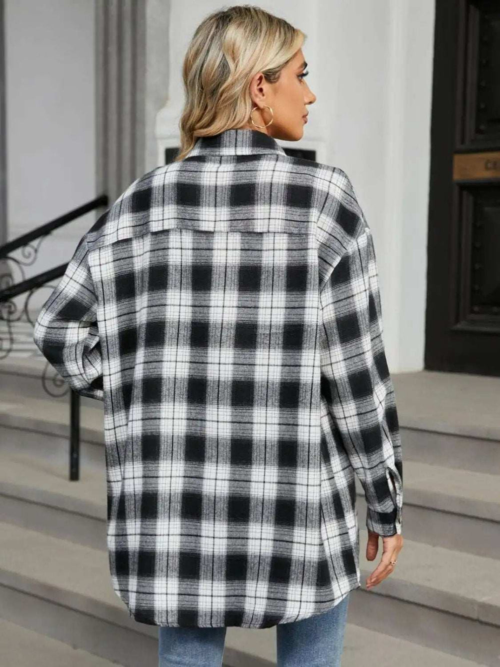 Plaid Collared Neck Long Sleeve Shirt - Trendsi - Flyclothing LLC