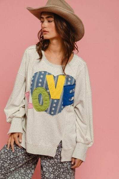 BiBi LOVE Heart Patch Slit French Terry Sweatshirt - Trendsi - Flyclothing LLC