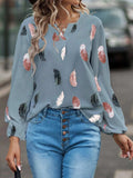 Feather Print Notched Balloon Sleeve Top - Trendsi - Flyclothing LLC