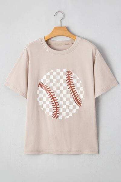Contrast Checkered Baseball Graphic Round Neck Short Sleeve T-Shirt - Trendsi - Flyclothing LLC