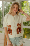 BiBi Teddy Bear With Bow Patched Sweater Button Down Top - Trendsi - Flyclothing LLC