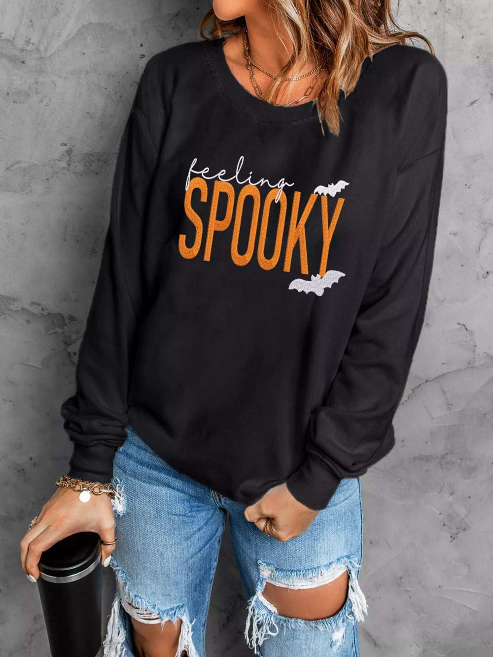Feeling Spooky Halloween Embroidered Sweatshirt - Trendsi - Flyclothing LLC