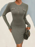 Decorative Button Round Neck Long Sleeve Dress - Trendsi - Flyclothing LLC