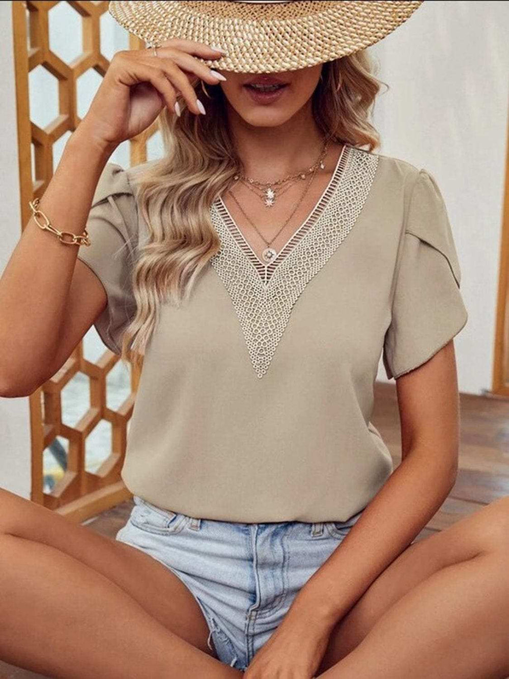 V-Neck Petal Sleeve Blouse - Trendsi - Flyclothing LLC