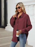 Collared Neck Long Sleeve Dropped Shoulder Shirt - Trendsi - Flyclothing LLC