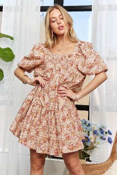 ADORA Floral Square Neck Puff Sleeve Dress - Trendsi - Flyclothing LLC