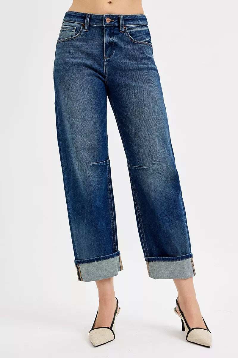 RISEN Slouchy Crop Barrel Cuffed Jeans - Trendsi - Flyclothing LLC