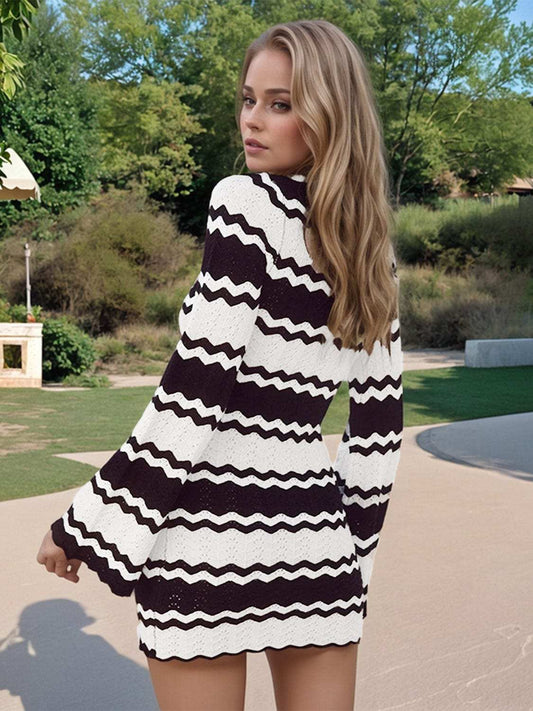 Wavy Striped Tied Front Long Sleeve Cover-Up Dress - Trendsi - Flyclothing LLC
