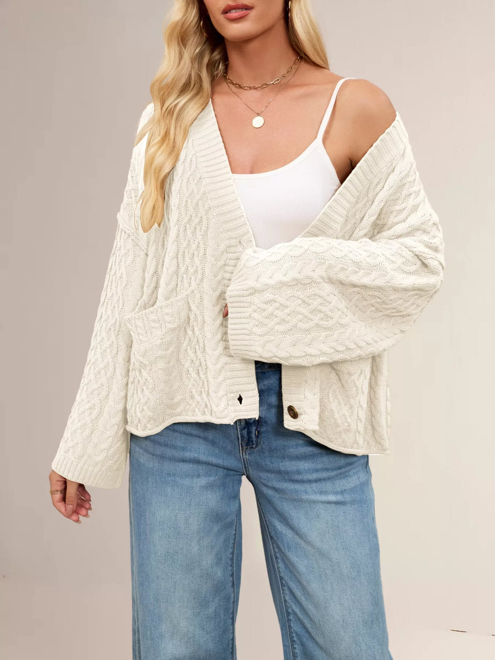 Cable Knit Button-Down Cardigan - Trendsi - Flyclothing LLC