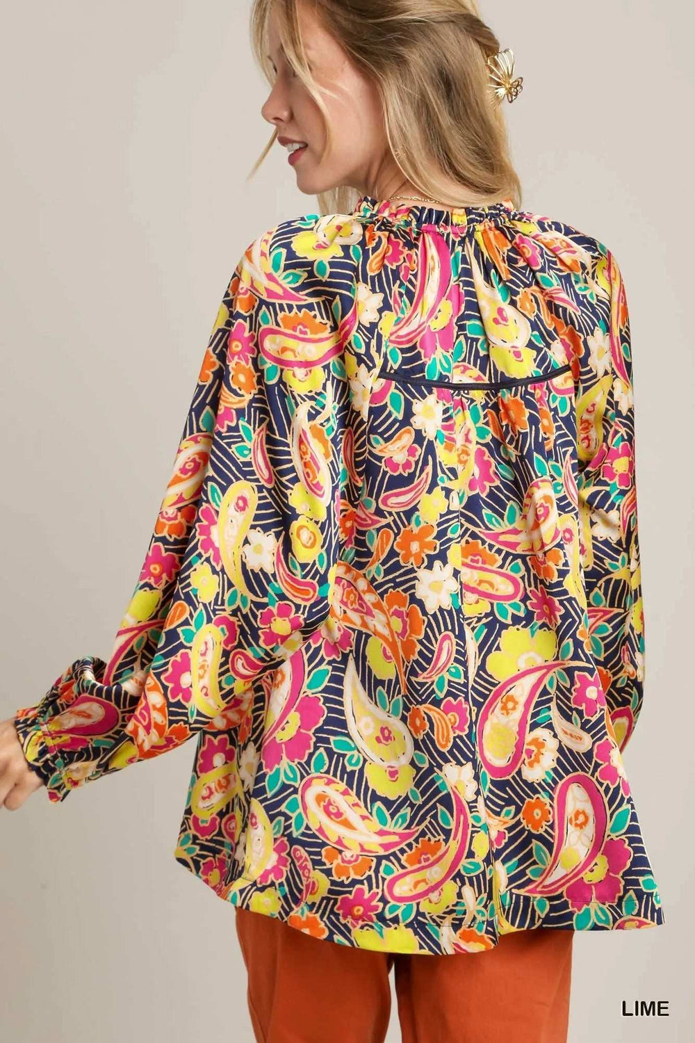 Umgee Full Size Satin Paisley Ruffle Neck Button-Up Shirt Plus Size - Trendsi - Flyclothing LLC