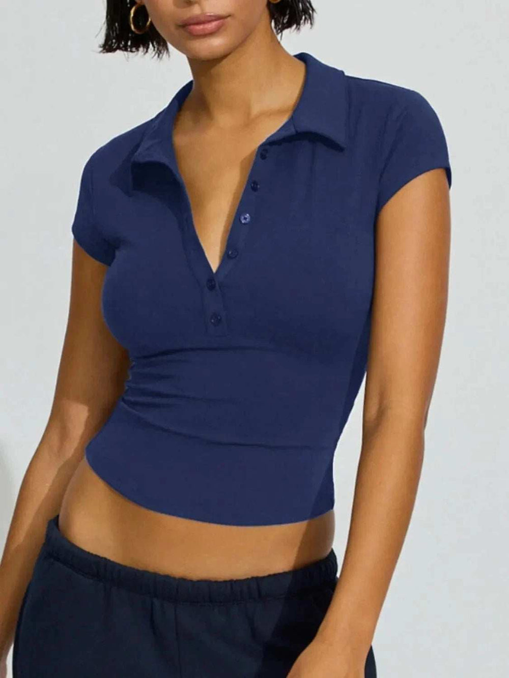 Collared Neck Short Sleeve Top - Trendsi - Flyclothing LLC