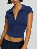 Collared Neck Short Sleeve Top - Trendsi - Flyclothing LLC